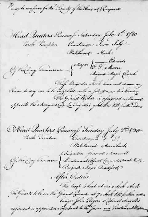 Gernal George Washingtons General Orders, July 1 and 2 1780 at Preakness Headquarters in New Jersey